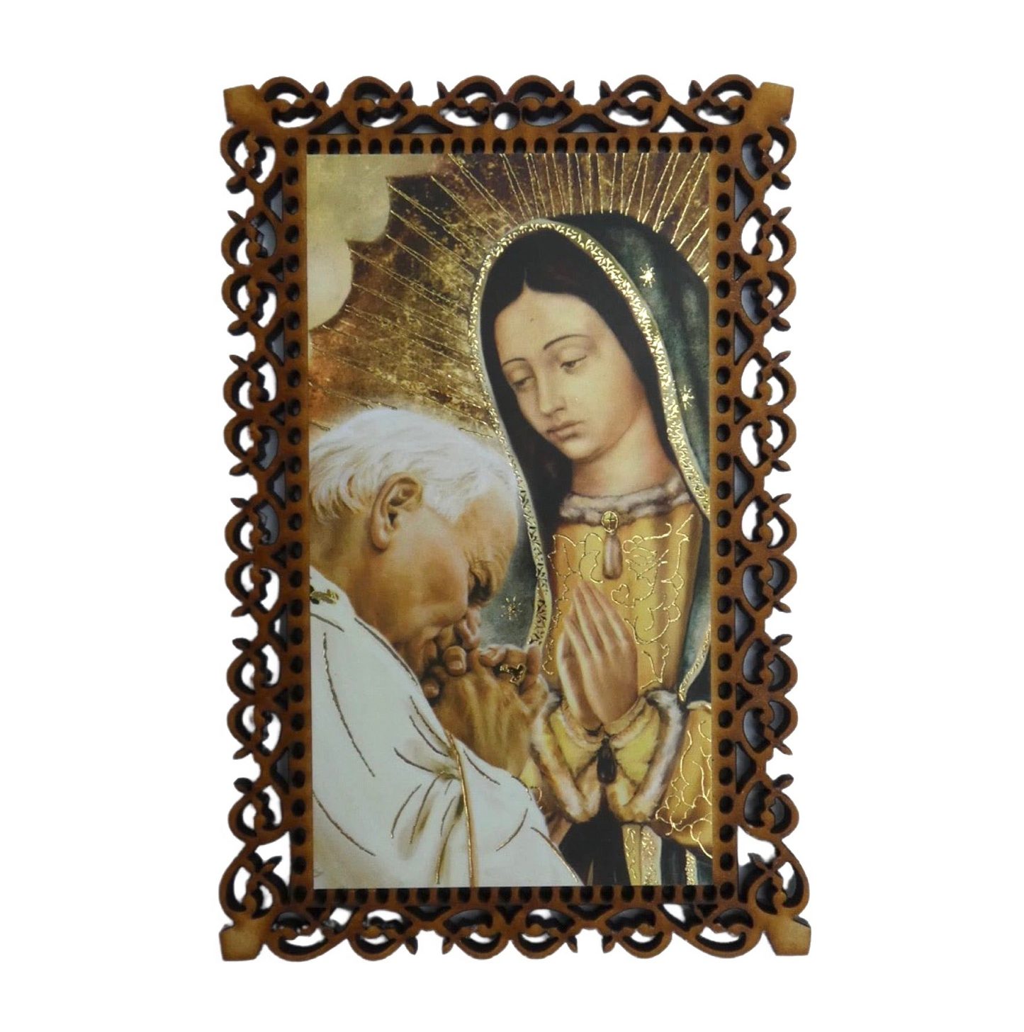 Wood Carved Guadalupe and St. John Paul II Image