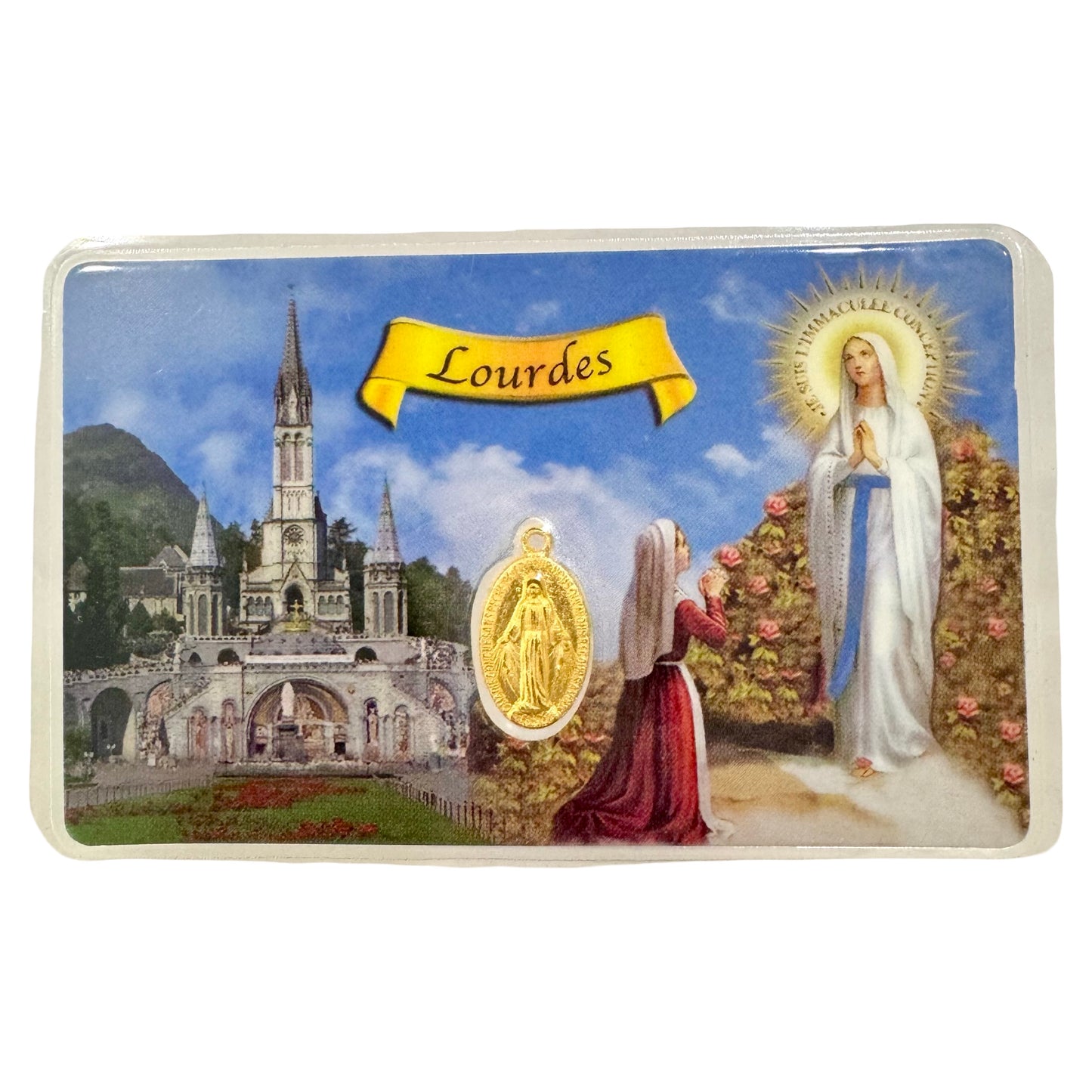 Lourdes Holy Card With Miraculous Medal