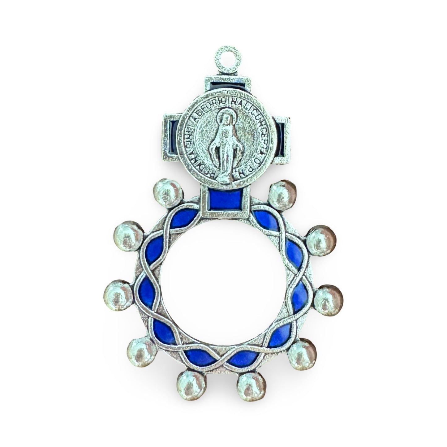 Blue and Silver Miraculous Medal Rosary Ring with Holy Card