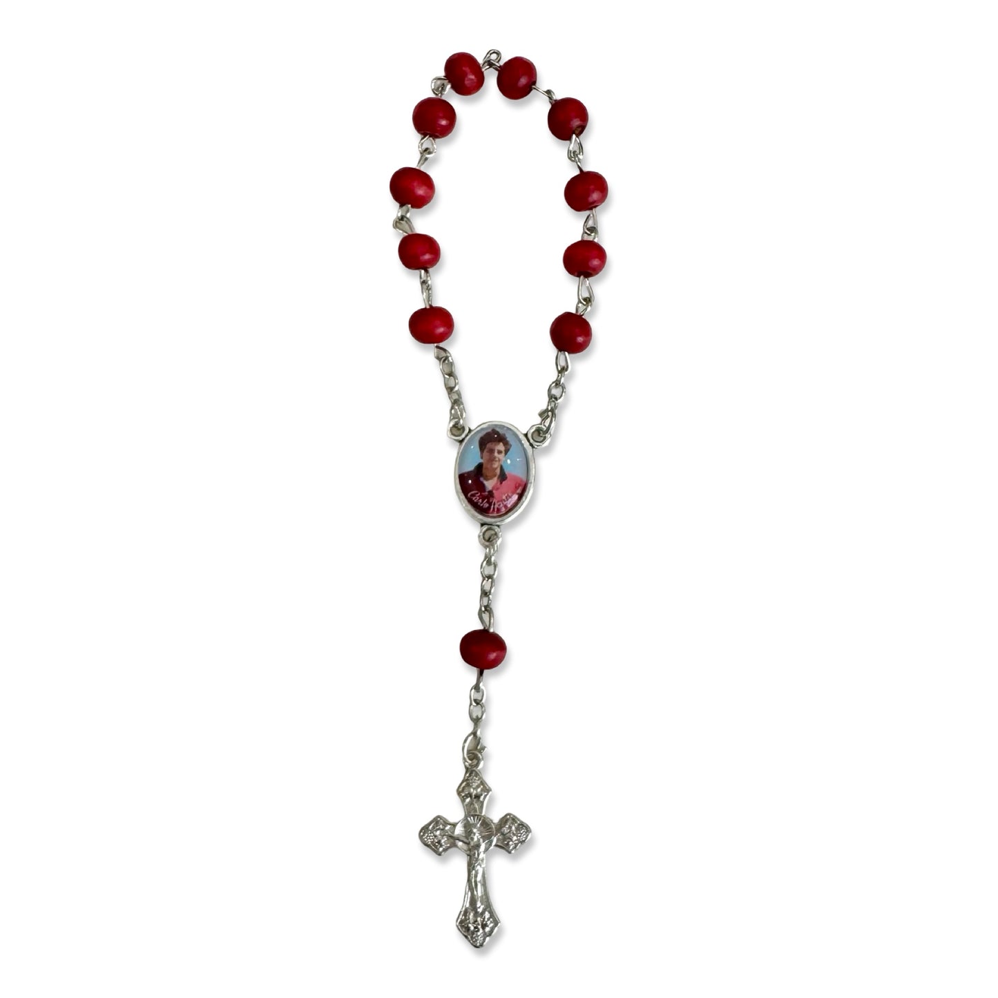 Carlo Acutis Red Decade Rosary with Small Plaque