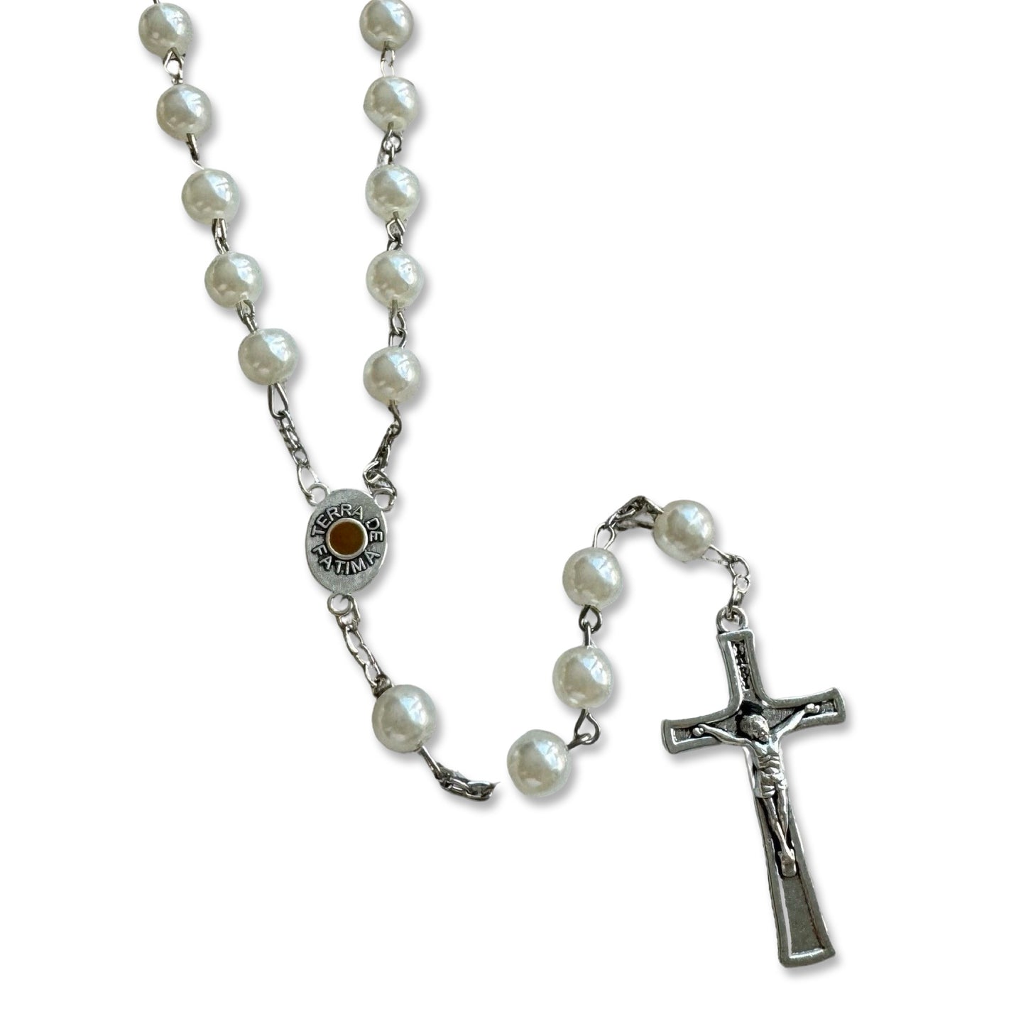 Large Pearl Fatima Rosary with Soil from Fatima in Case