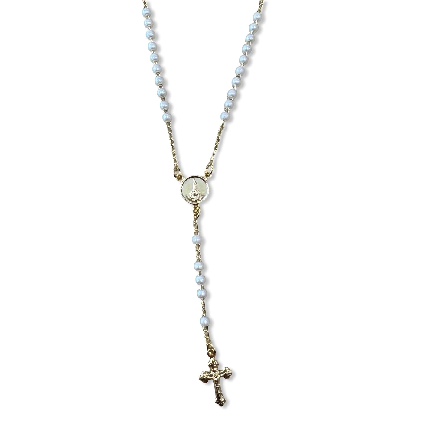 Gold and Pearl Fatima Rosary Necklace