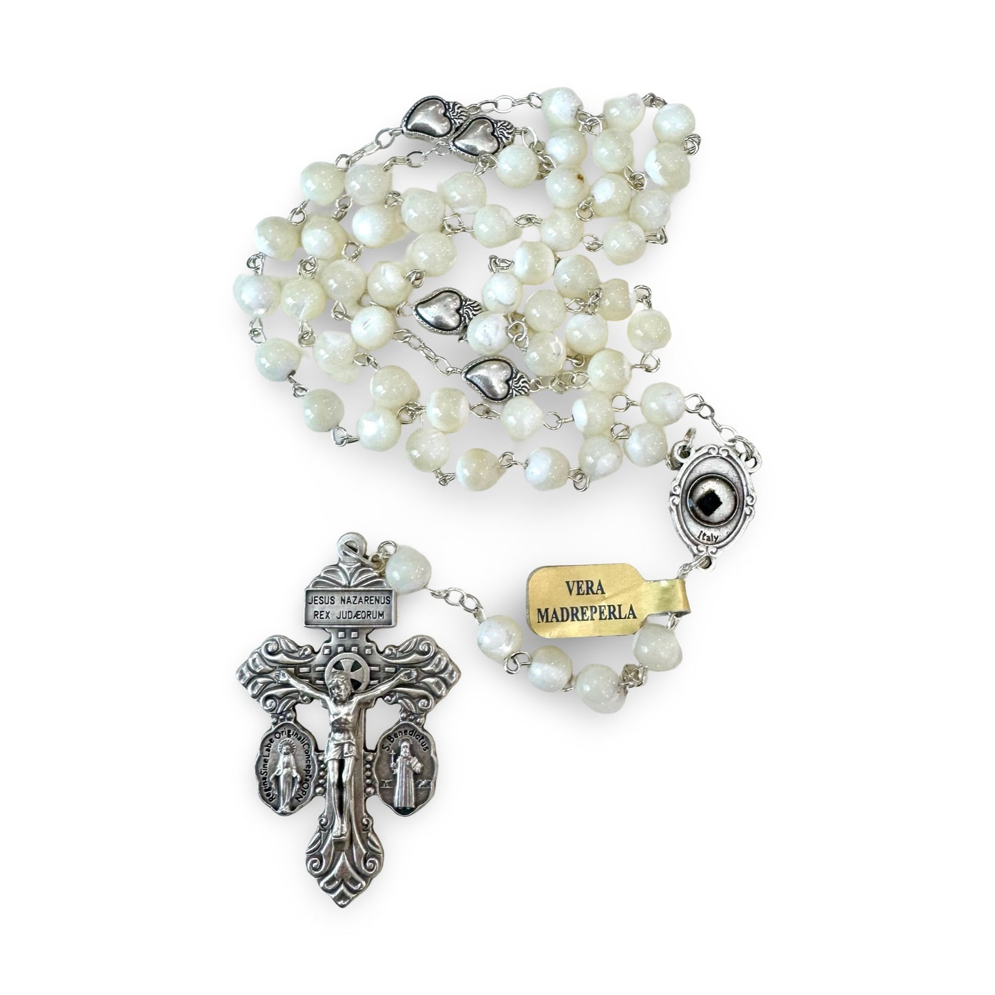 Mother of Pearl Padre Pio Relic Rosary with Pardon Crucifix