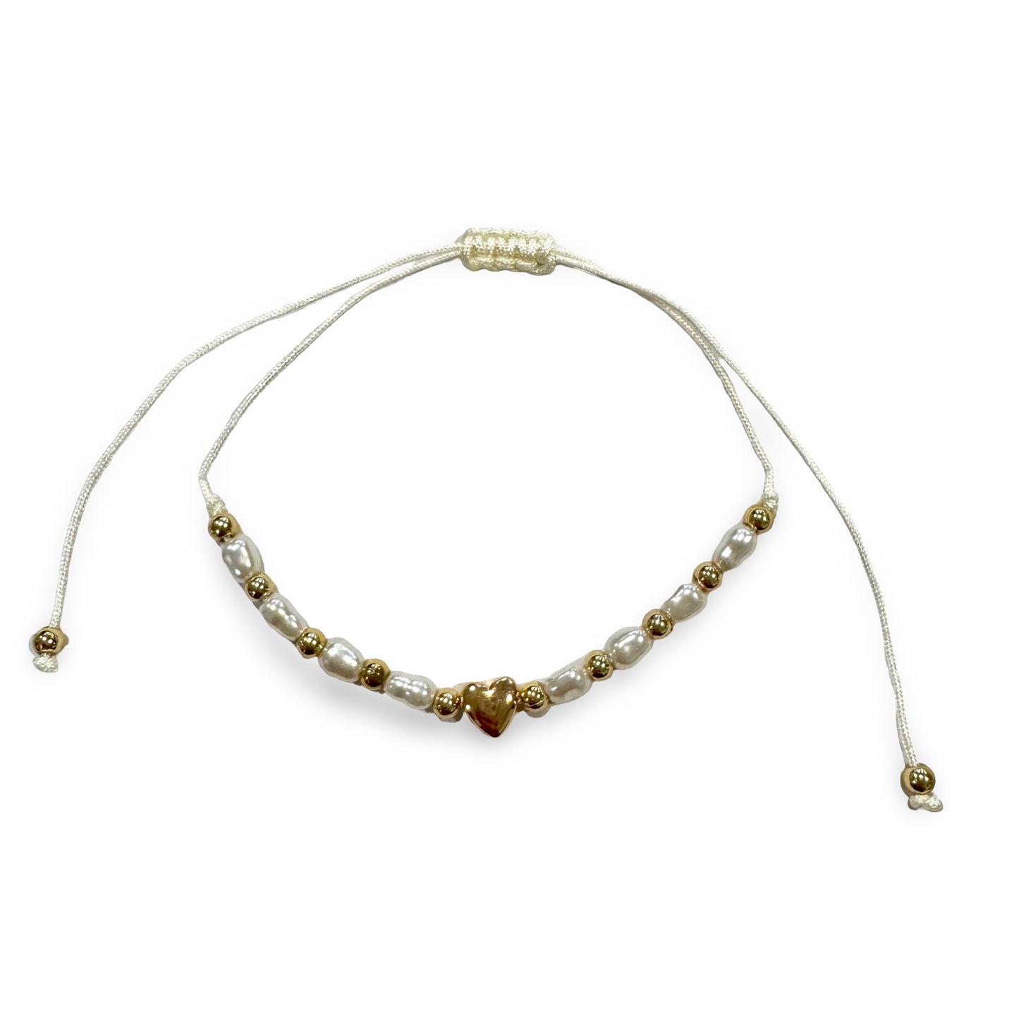 Dainty Pearl and Gold Adjustable Bracelet with Heart Accent