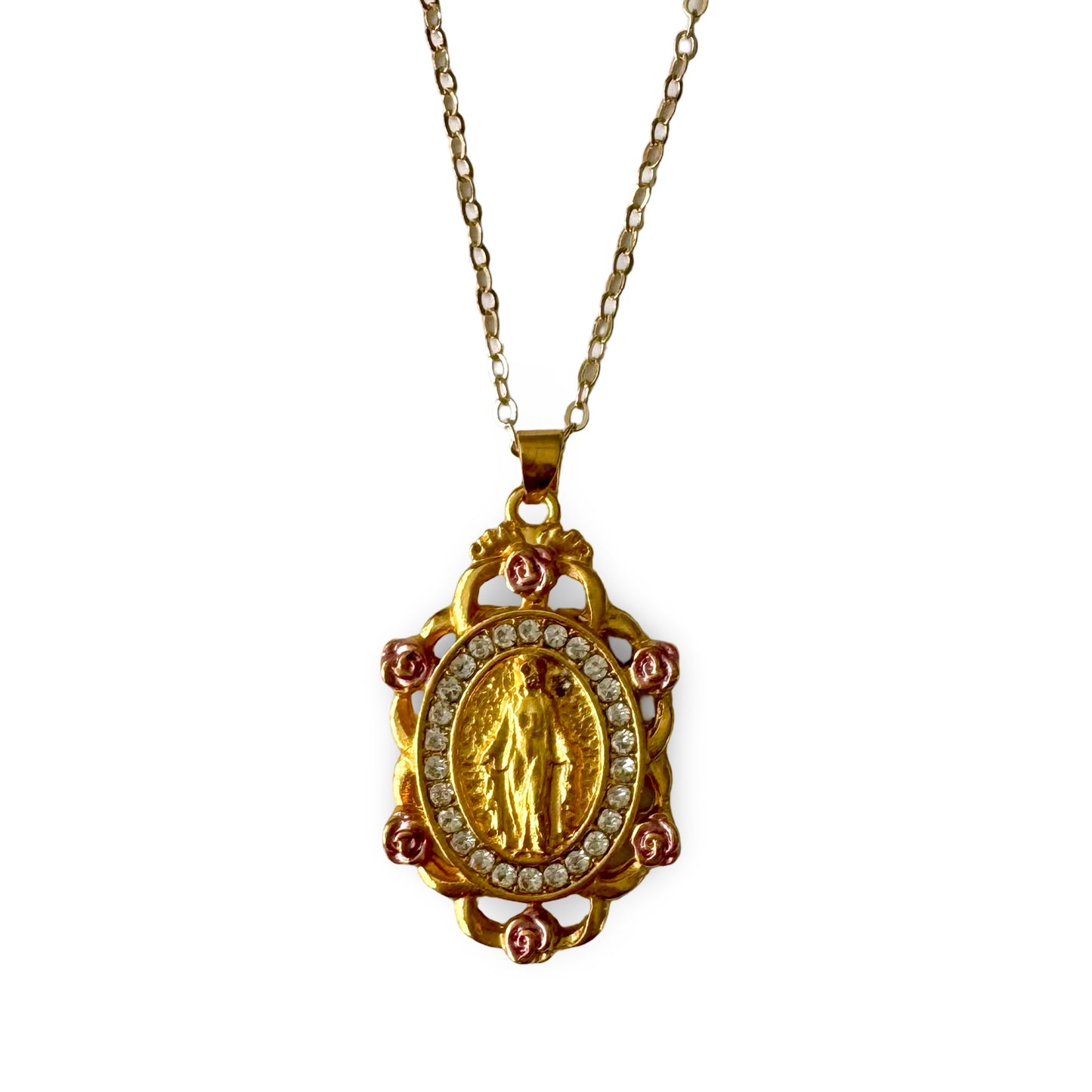 Gold Miraculous Medal Necklace with Rhinestone and Rose Border