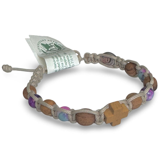 Olive Wood Queen of Peace Cord Bracelet With Colored Beads and Colored Medal