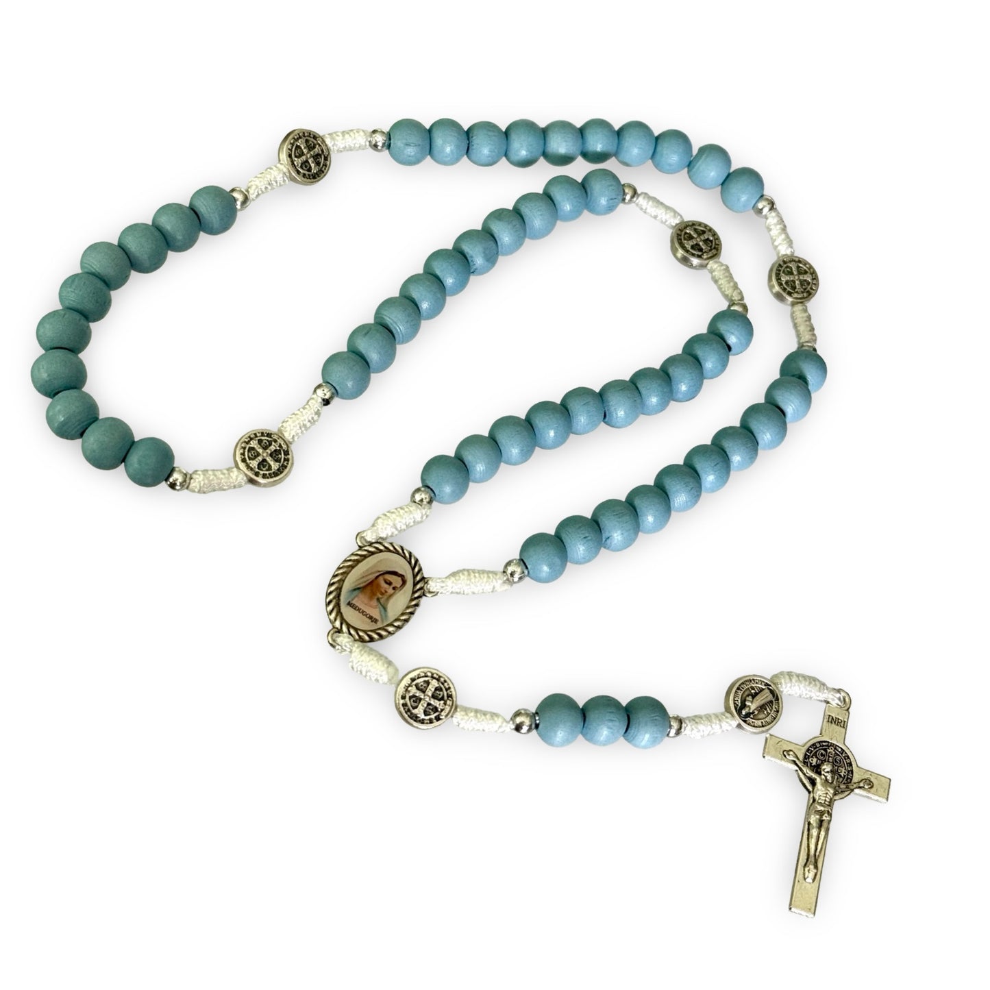 Wooden Our Lady Queen of Peace Rosary with St. Benedict Medal Accents