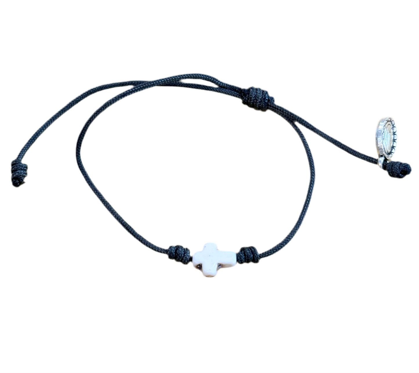 Small Stone Cross with Medal Cord Bracelet