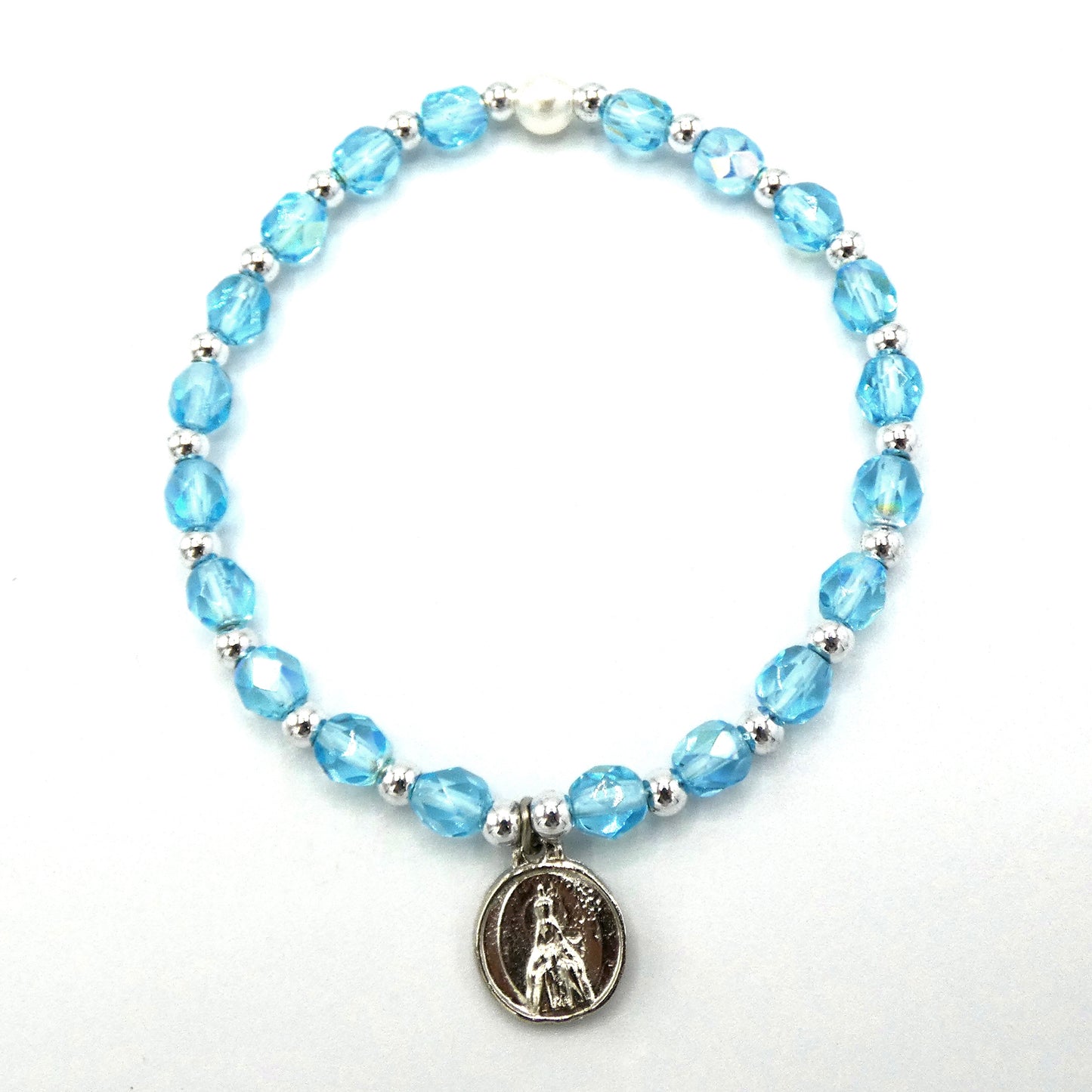 Crystal Bracelet with Fatima Medal and Pearl Accent of Assorted Colors