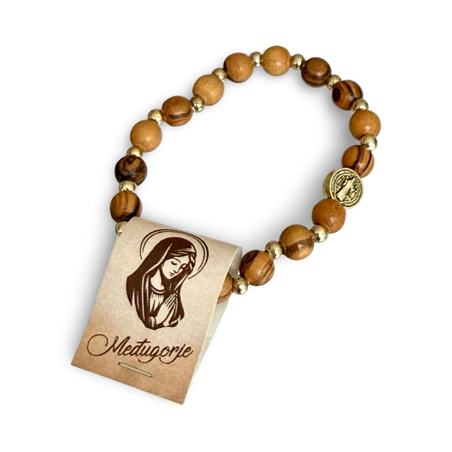 Queen of Peace Smooth Olive Wood Bracelet with St. Benedict Medal