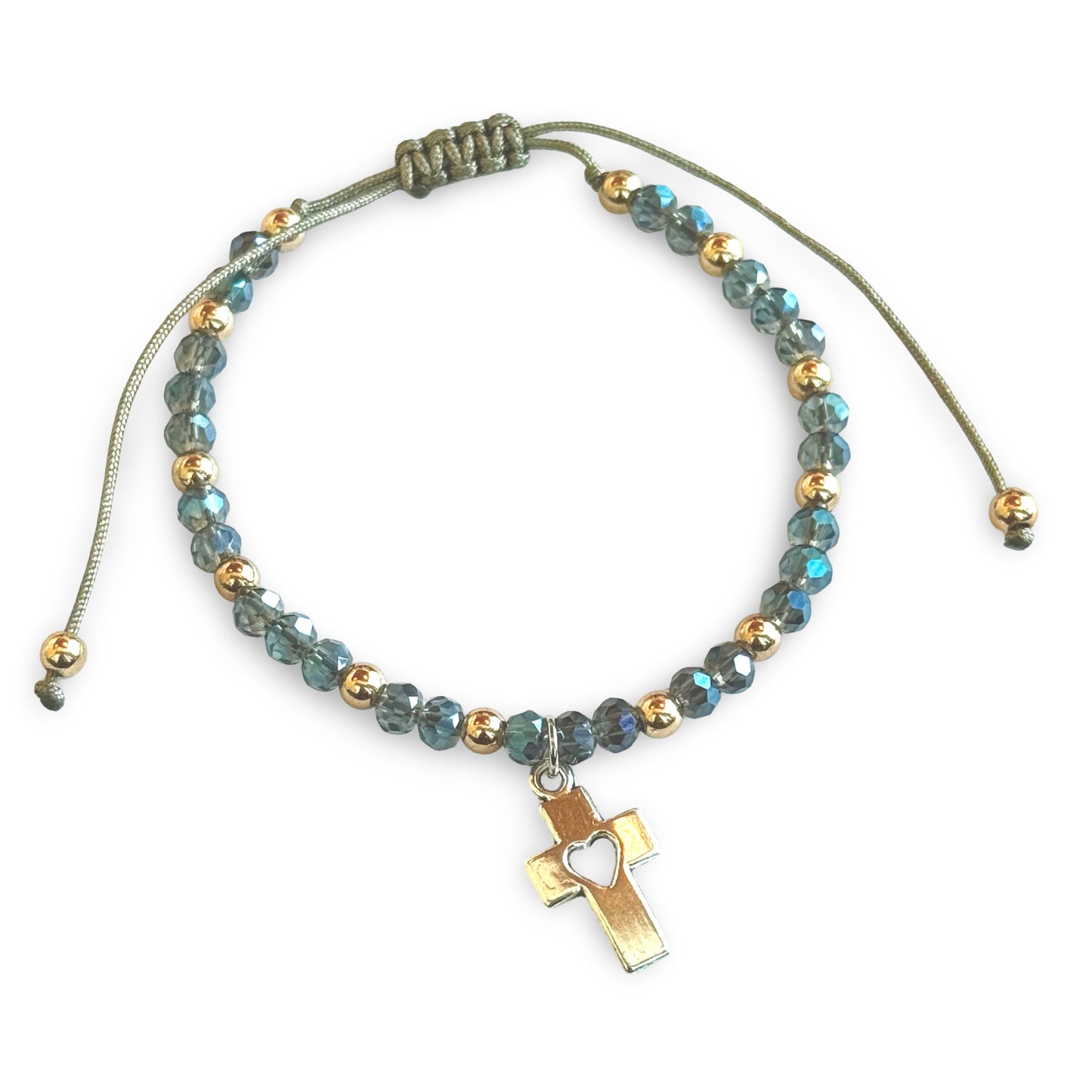Adjustable String Blue and Copper Beaded Bracelet with Cross Pendant