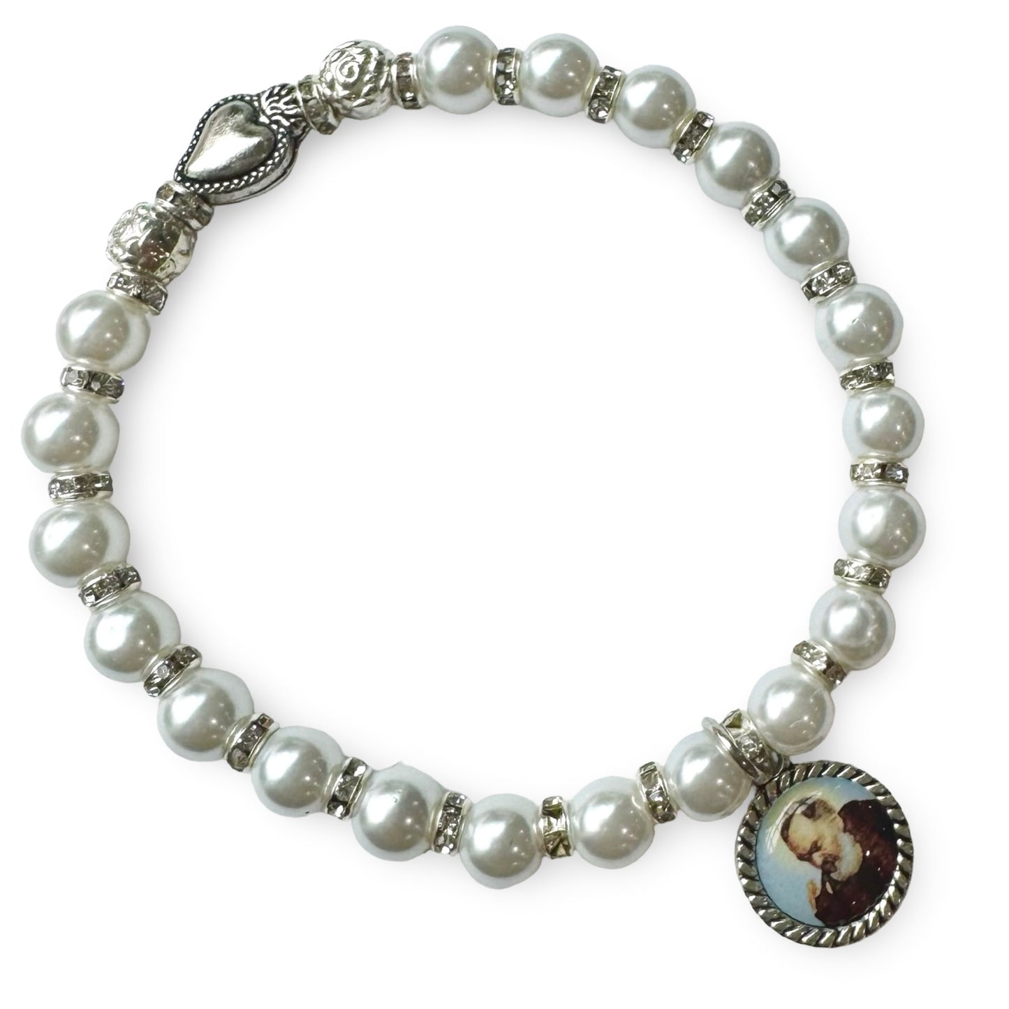 Padre Pio Pearl Bracelet with Rhinestone and Rose Accents