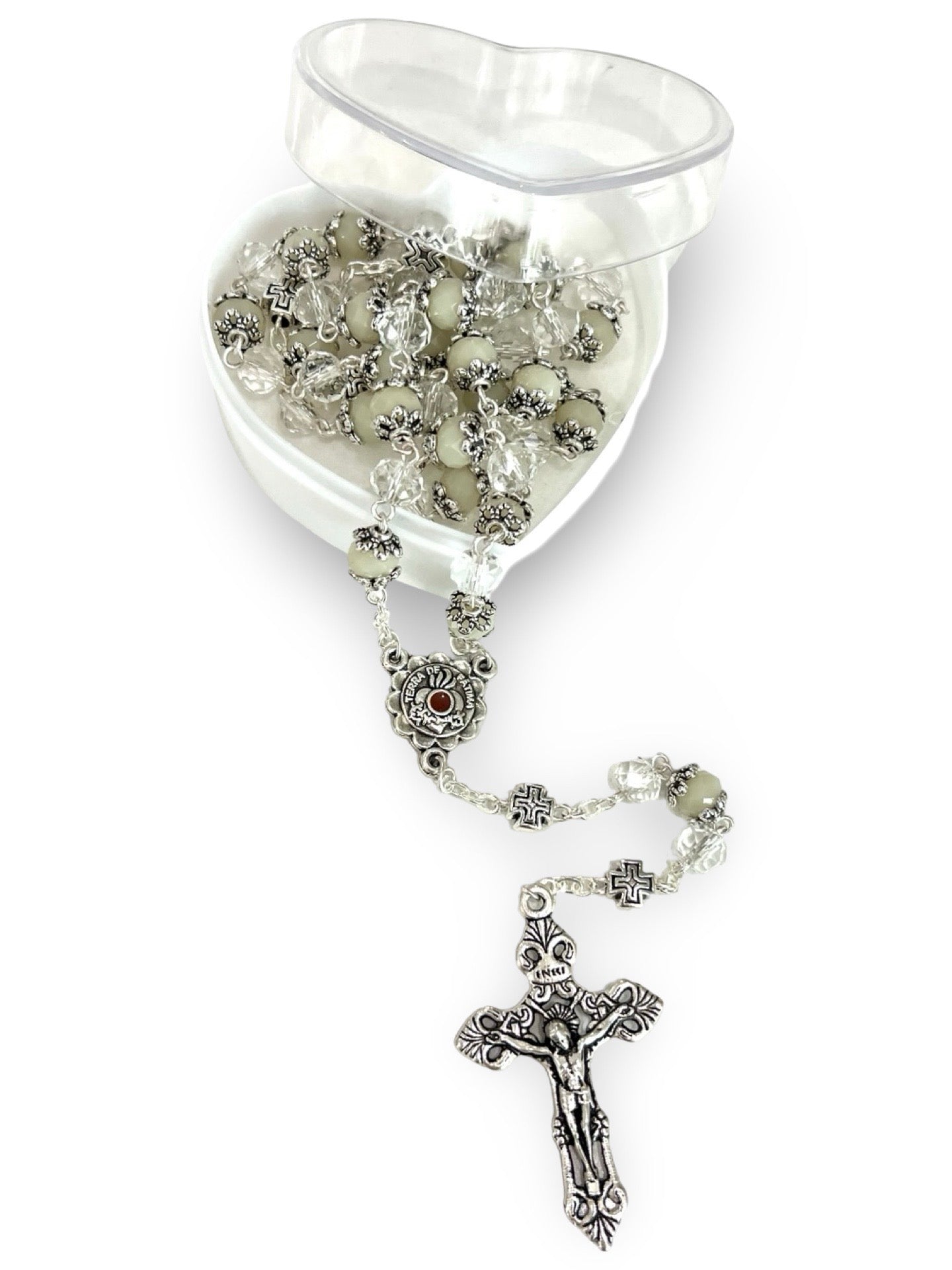 Embellished Fatima Rosary With Soil in Heart Shaped Case