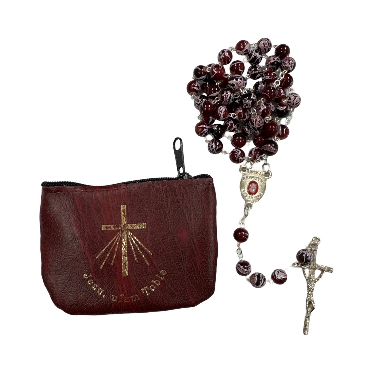 Marble St. Faustina Rosary with Relic and Pouch