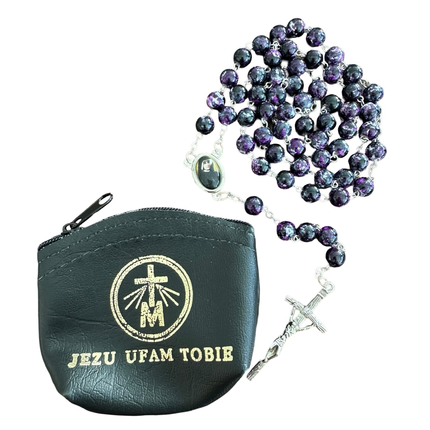 Marble St. Faustina Rosary with Relic and Pouch