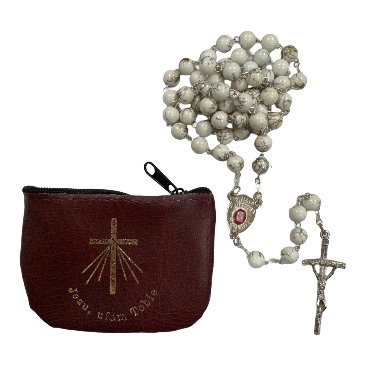 Marble St. Faustina Rosary with Relic and Pouch