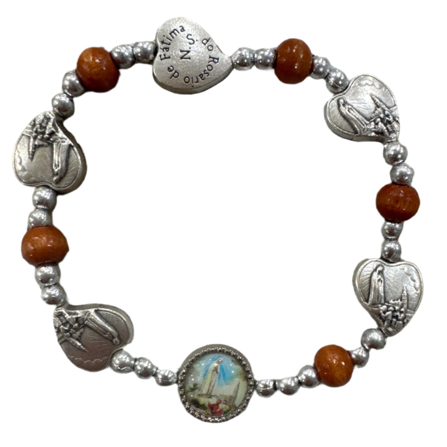 Silver and Wood Beaded Fatima Heart Bracelet