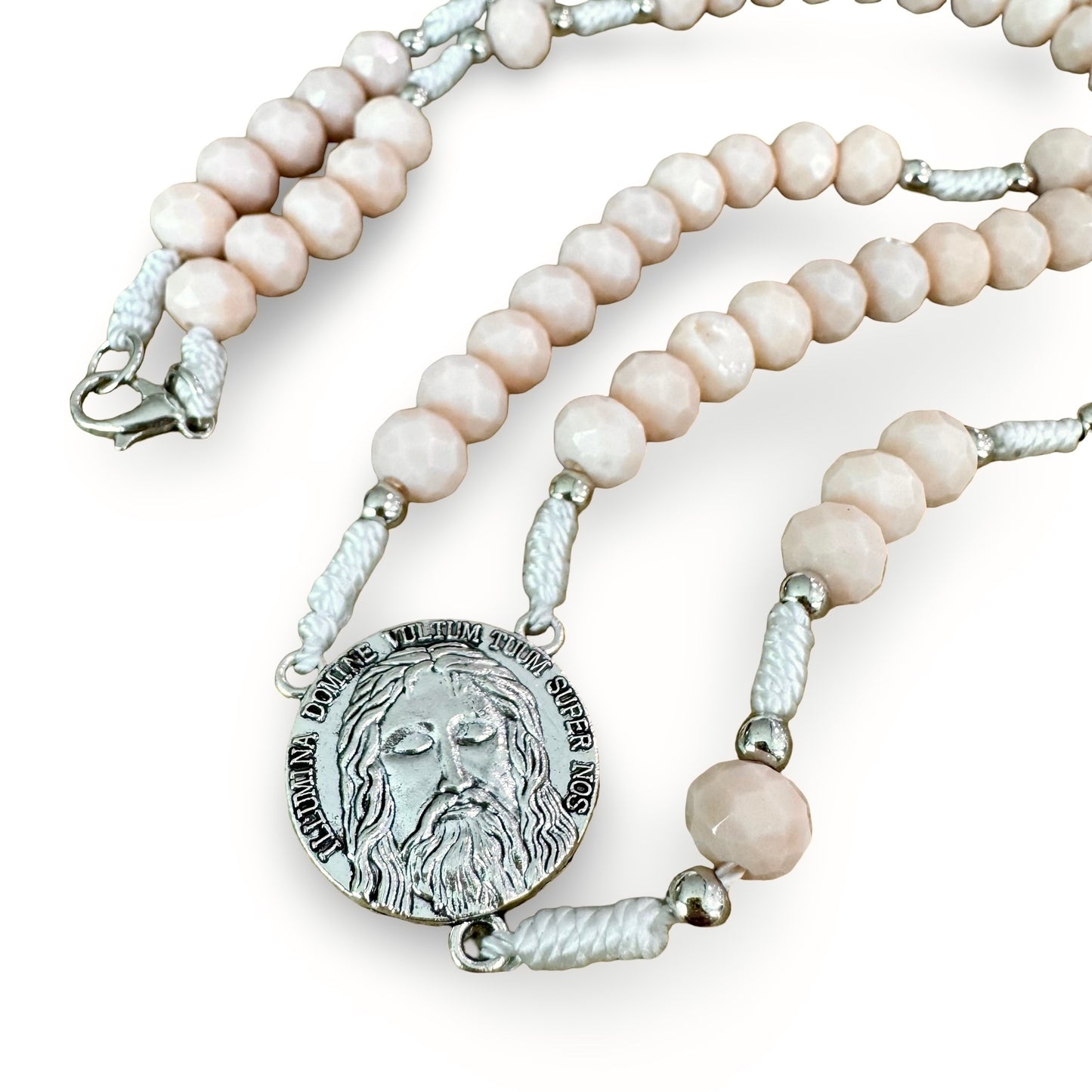 Light Pink Face of Jesus Rosary Necklace with Pardon Crucifix
