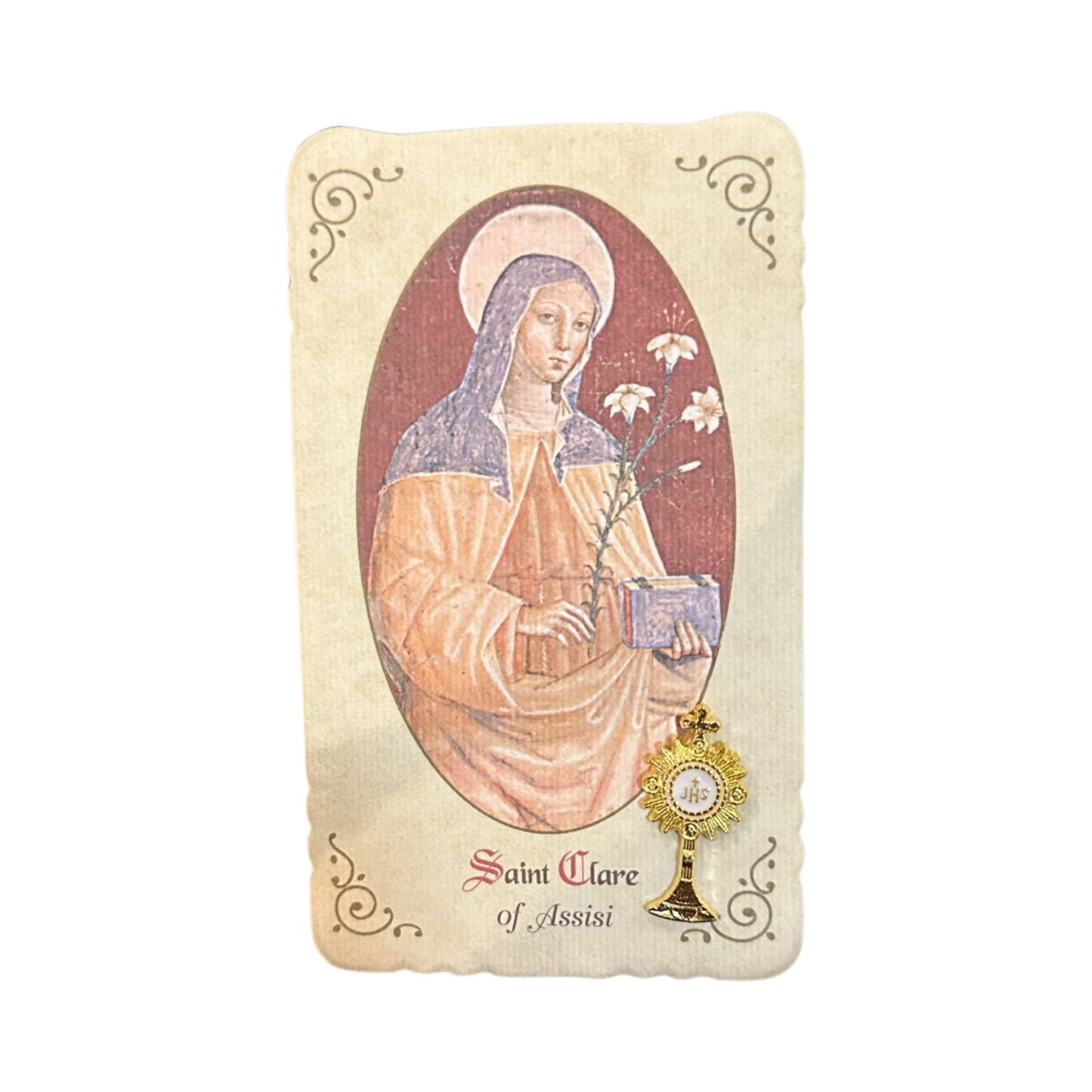 Blessed Sacrament Pin with Holy Card of St. Clare