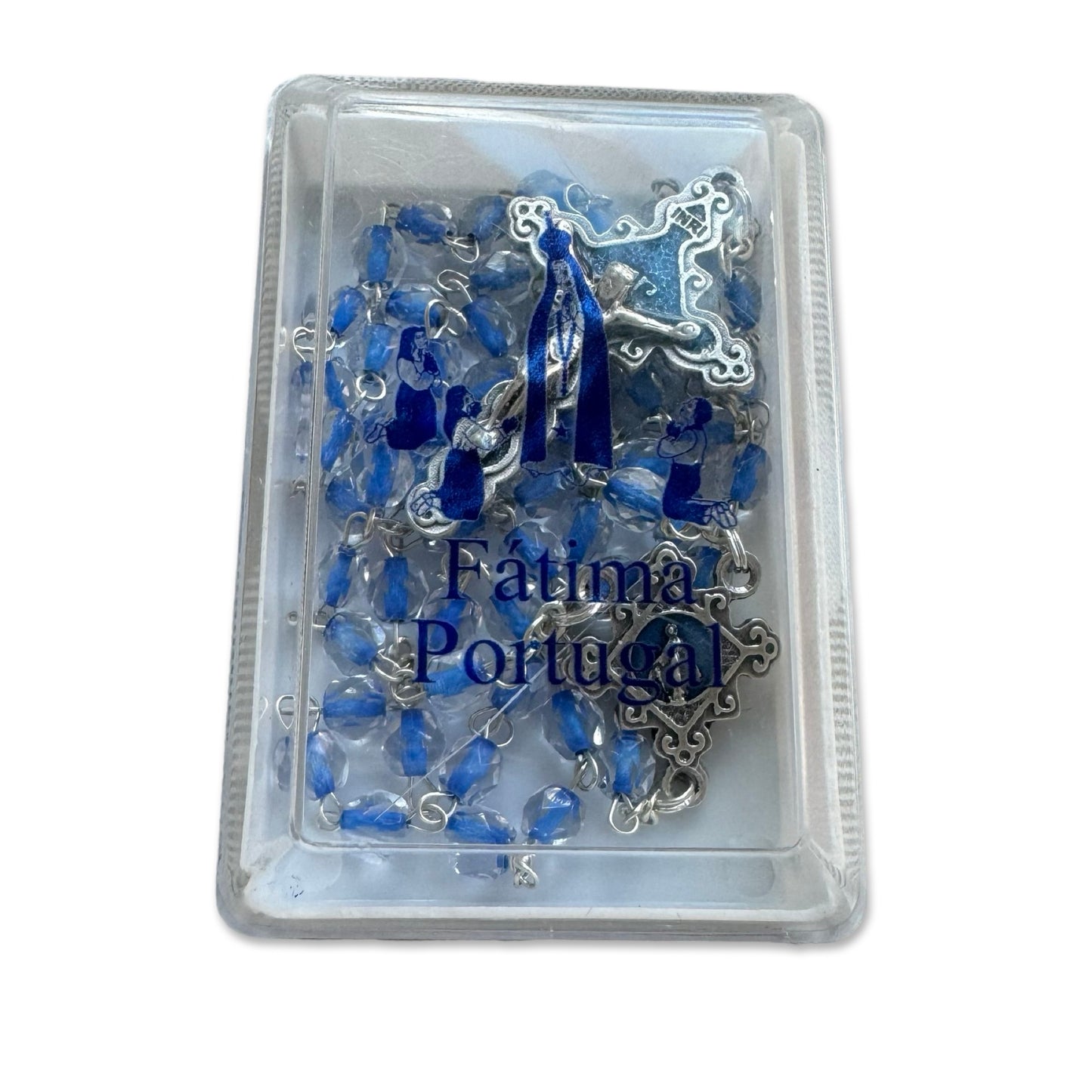 Blue Crystal Fatima Rosary with Embellished Miraculous Medal in Case