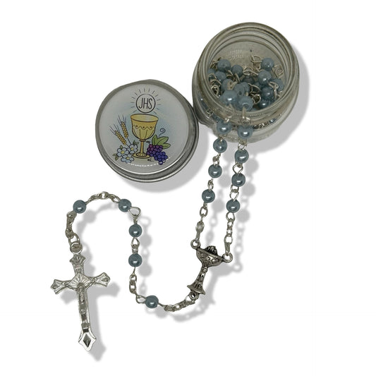Eucharistic Lourdes Rosary in Glass Case