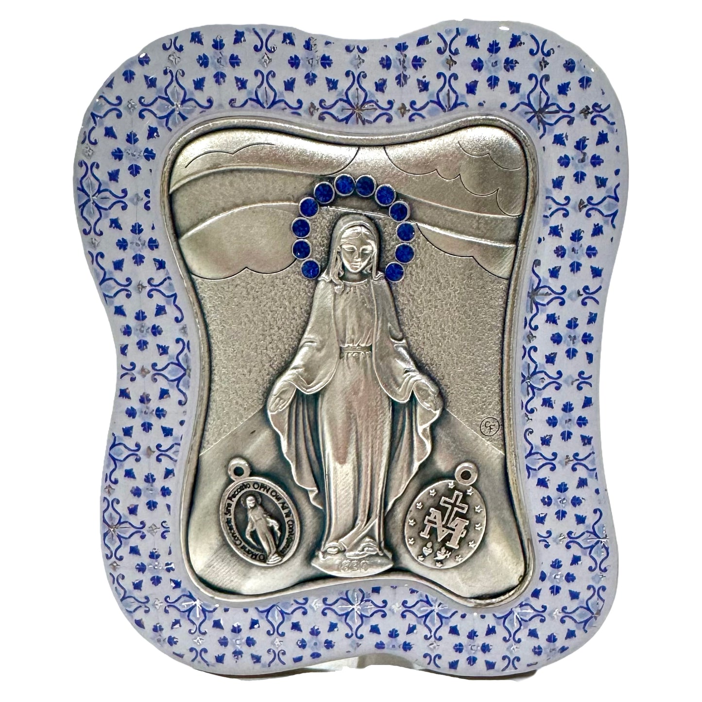 Our Lady of the Miraculous Medal Silver Image with Patterned, Blue Border