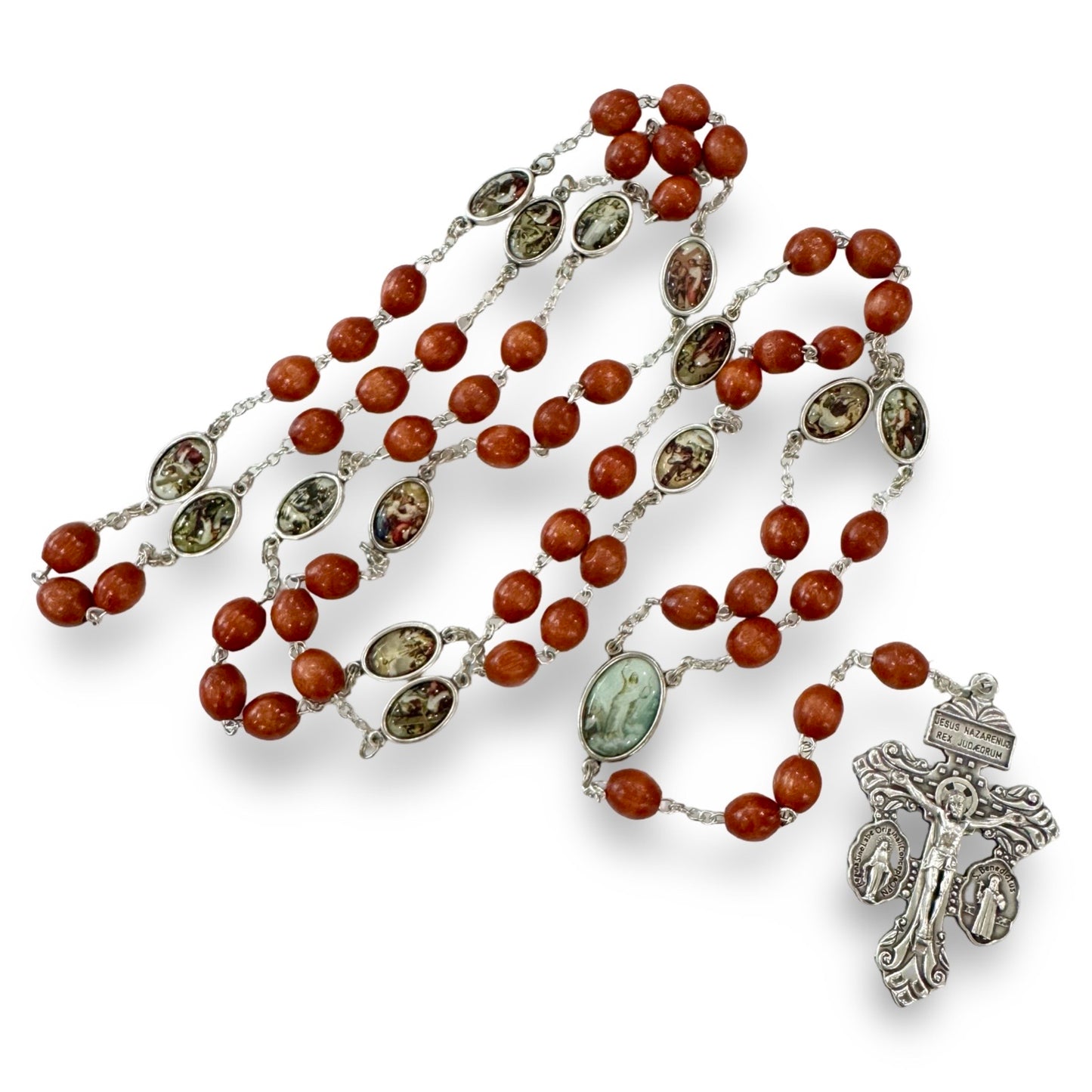 Brown Beaded Stations of the Cross Chaplet with Colored Medals and Pardon Crucifix