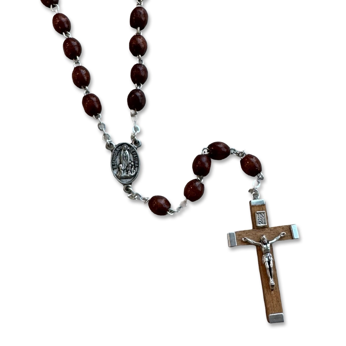 Oval Wooden Rosary with Soil from Fatima and Holy Card