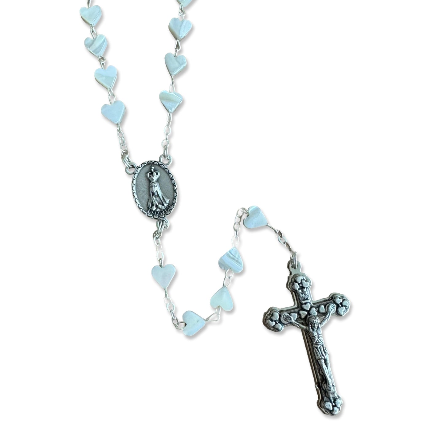 Heart Shaped Mother of Pearl Fatima Rosary with Heart Embellished Crucifix
