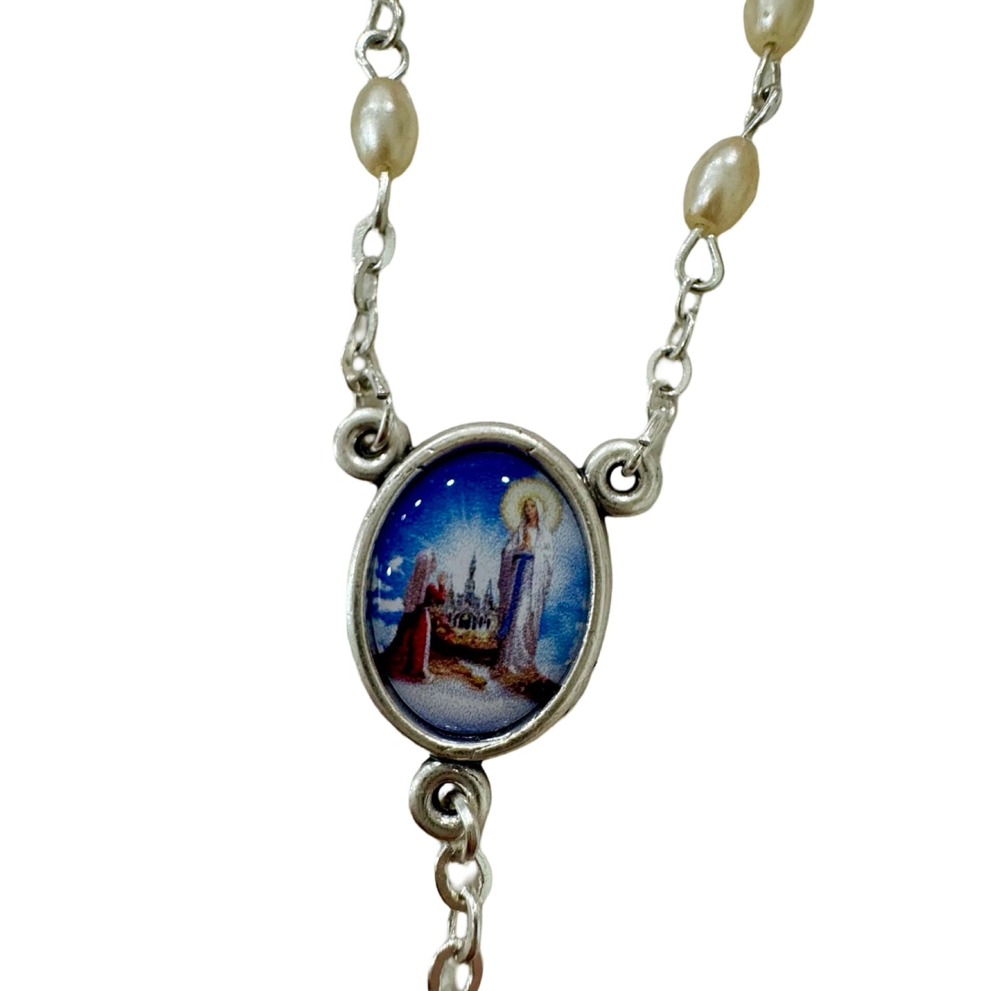 Small Pearl Lourdes Decade Rosary with Colored Centerpiece Medal and Holy Card