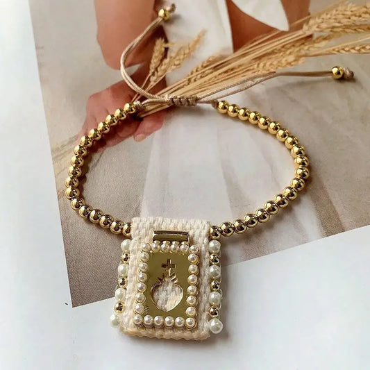 Adjustable Copper and Pearl Beaded Sacred Heart Bracelet