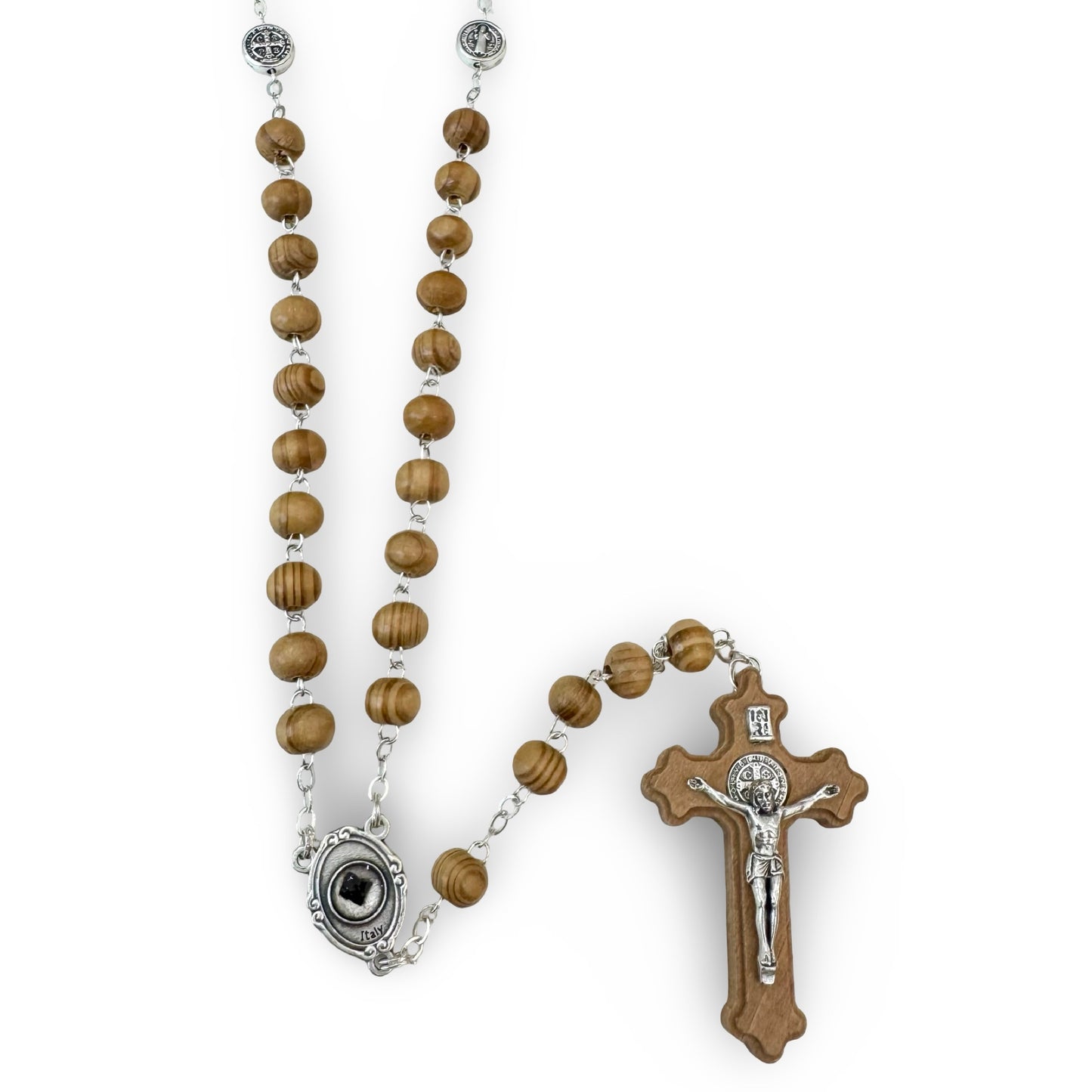 Wood Chain Padre Pío Relic Rosaries with St. Benedict Medals