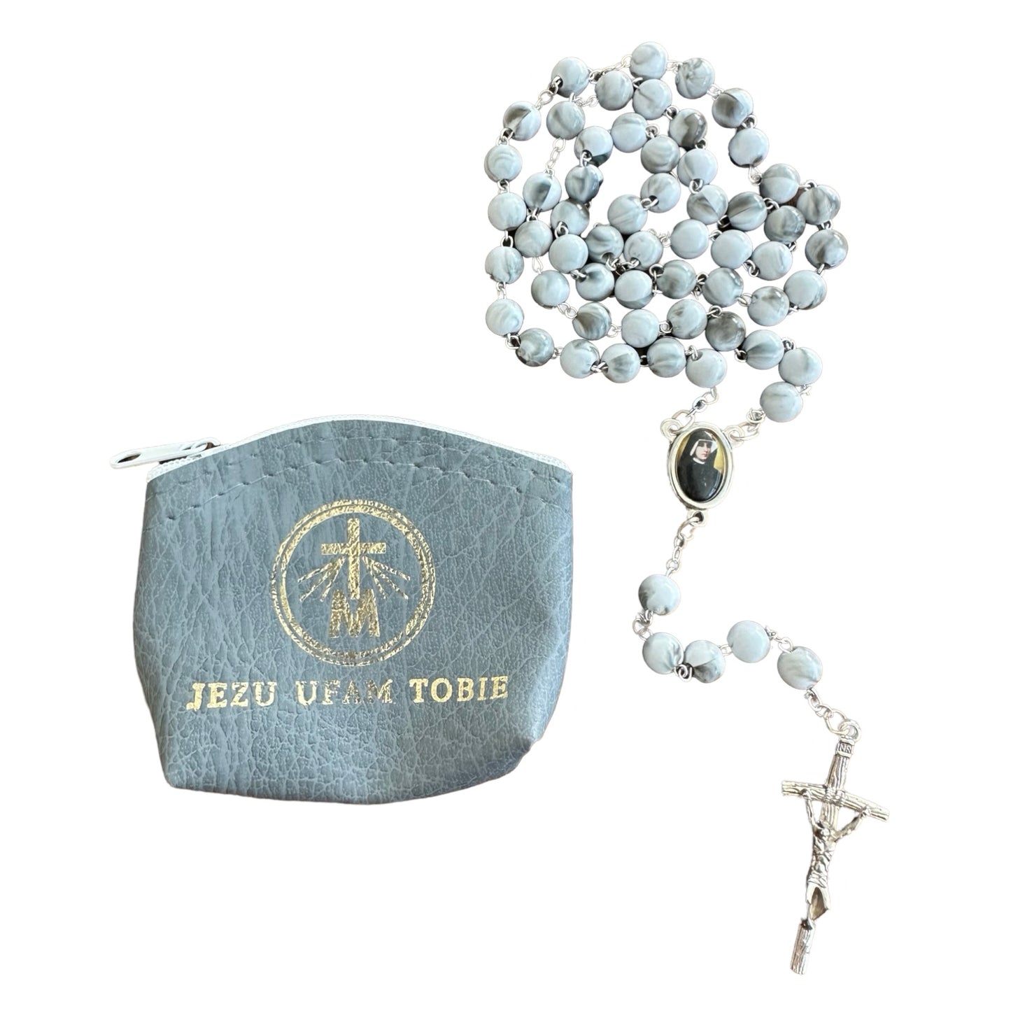 Marble St. Faustina Rosary with Relic and Pouch