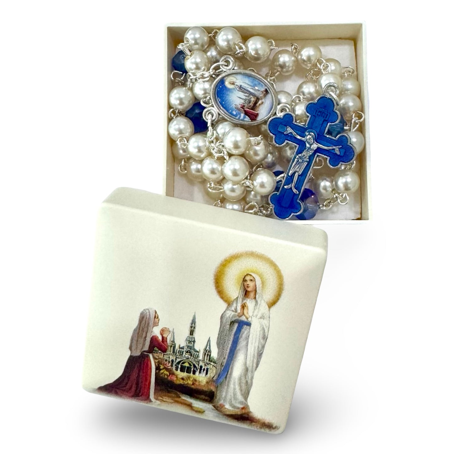 Pearl and Blue Our Lady of Lourdes and St. Bernadette Rosary in Case