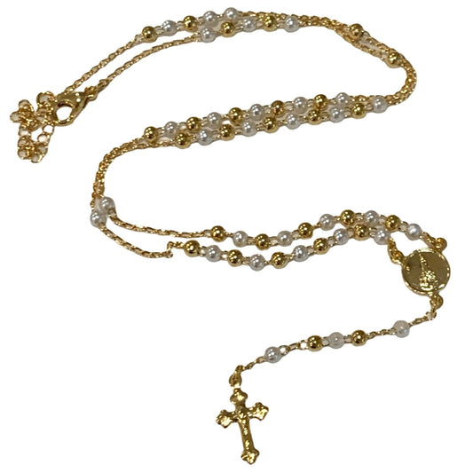 Gold and Pearl Rosary Necklace with Crystal Accent