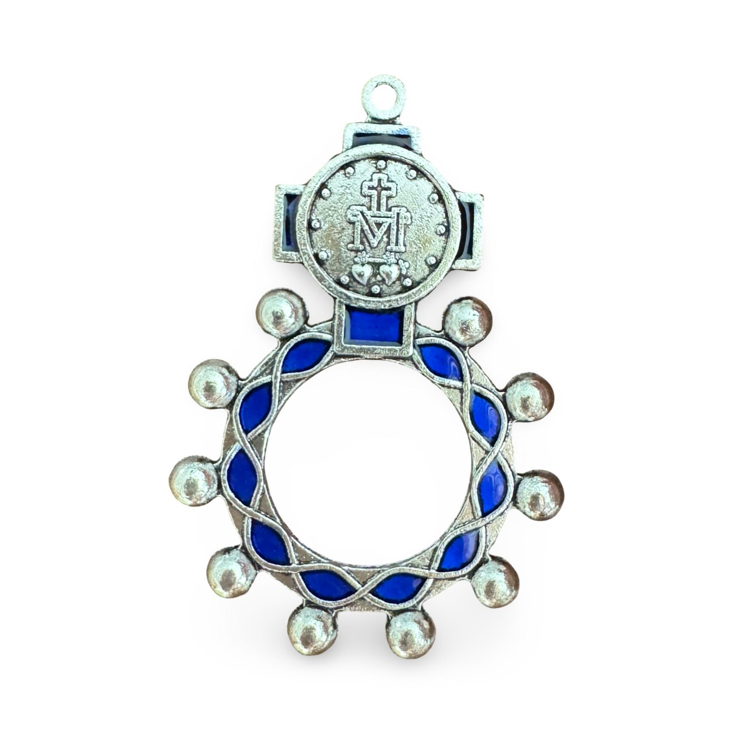 Blue and Silver Miraculous Medal Rosary Ring with Holy Card