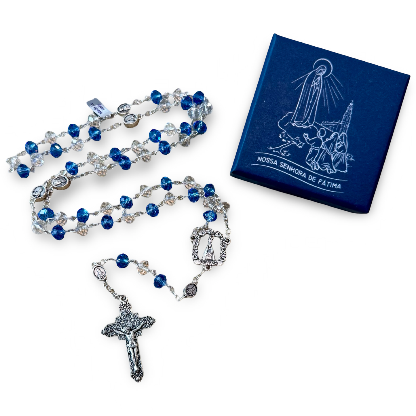 Crystal and Blue Fatima Rosary in Case