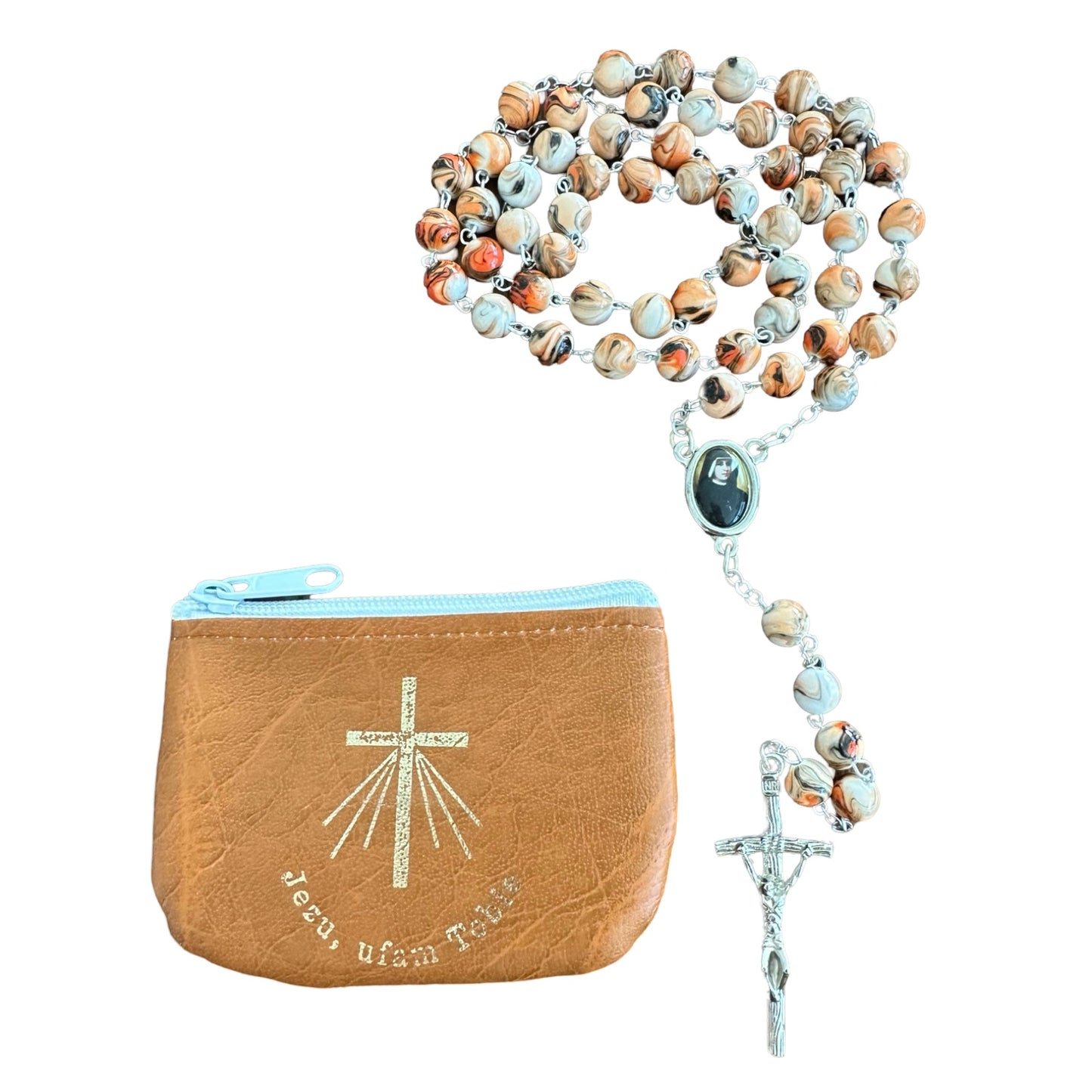 Marble St. Faustina Rosary with Relic and Pouch