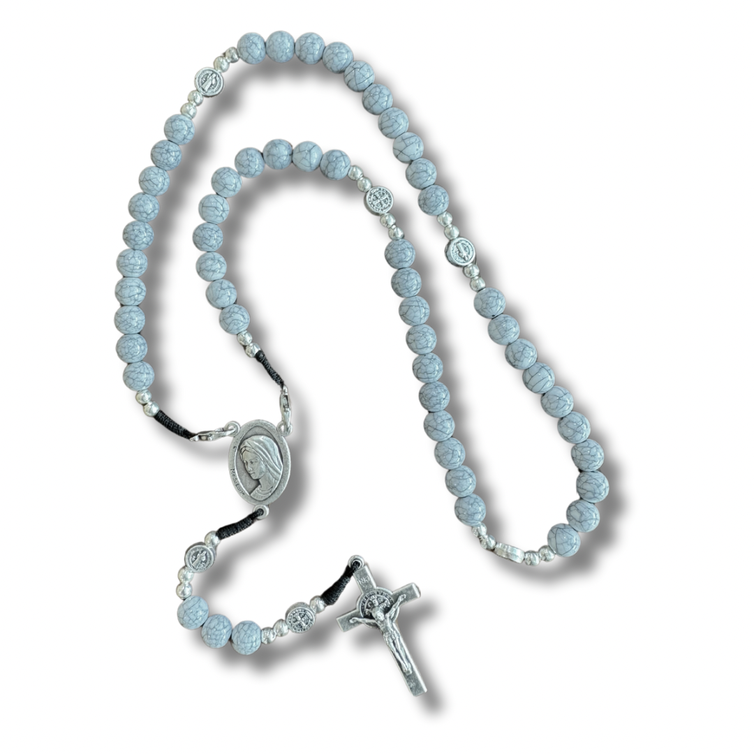 Blue Marble Queen of Peace Rosary with St. Benedict Medal