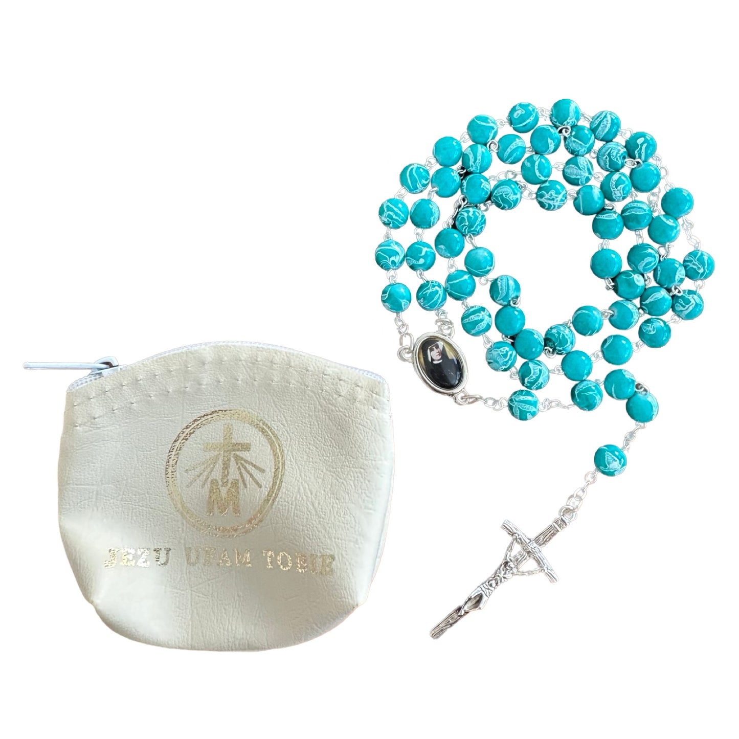Marble St. Faustina Rosary with Relic and Pouch