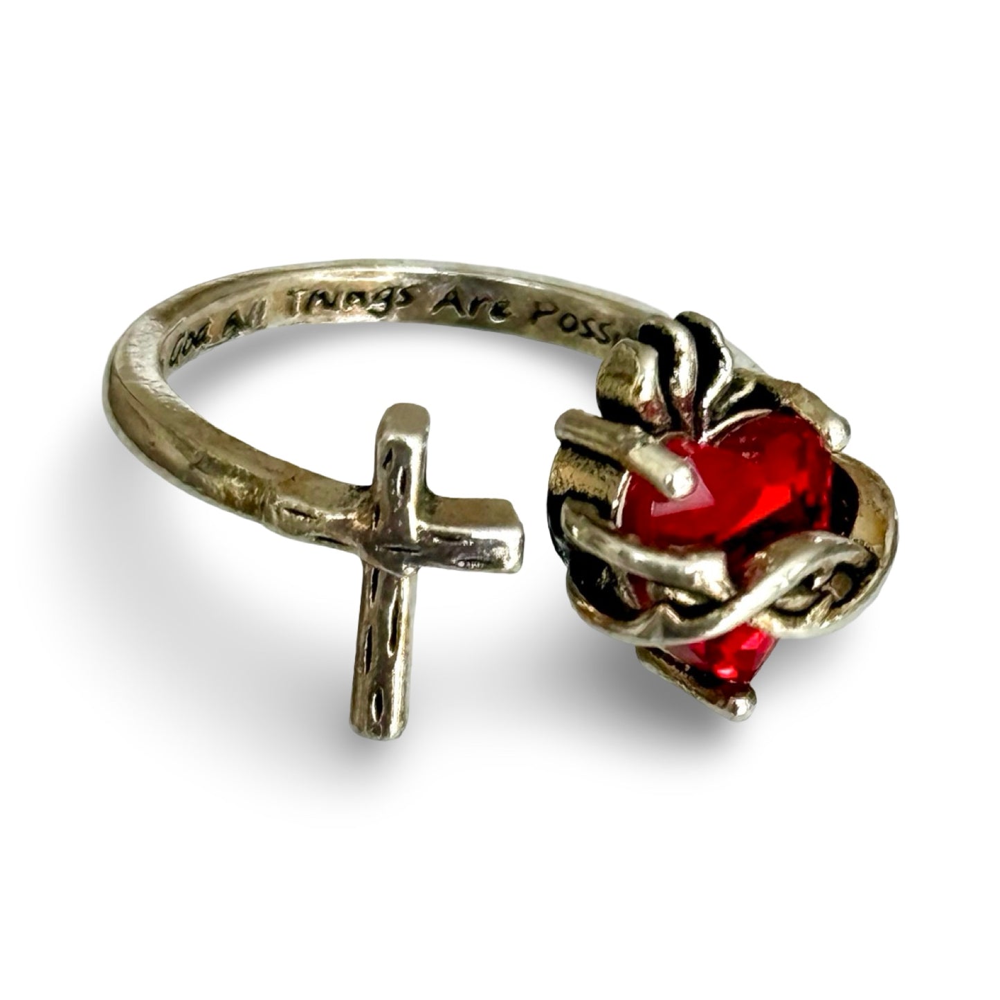 Silver Sacred Heart and Cross Ring