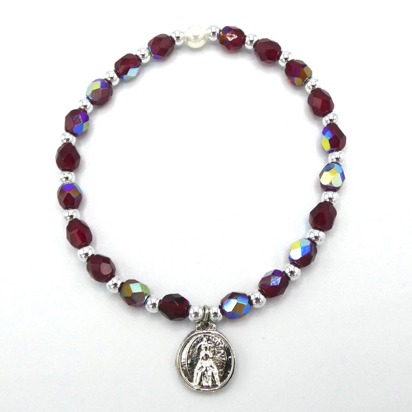 Crystal Bracelet with Fatima Medal and Pearl Accent of Assorted Colors