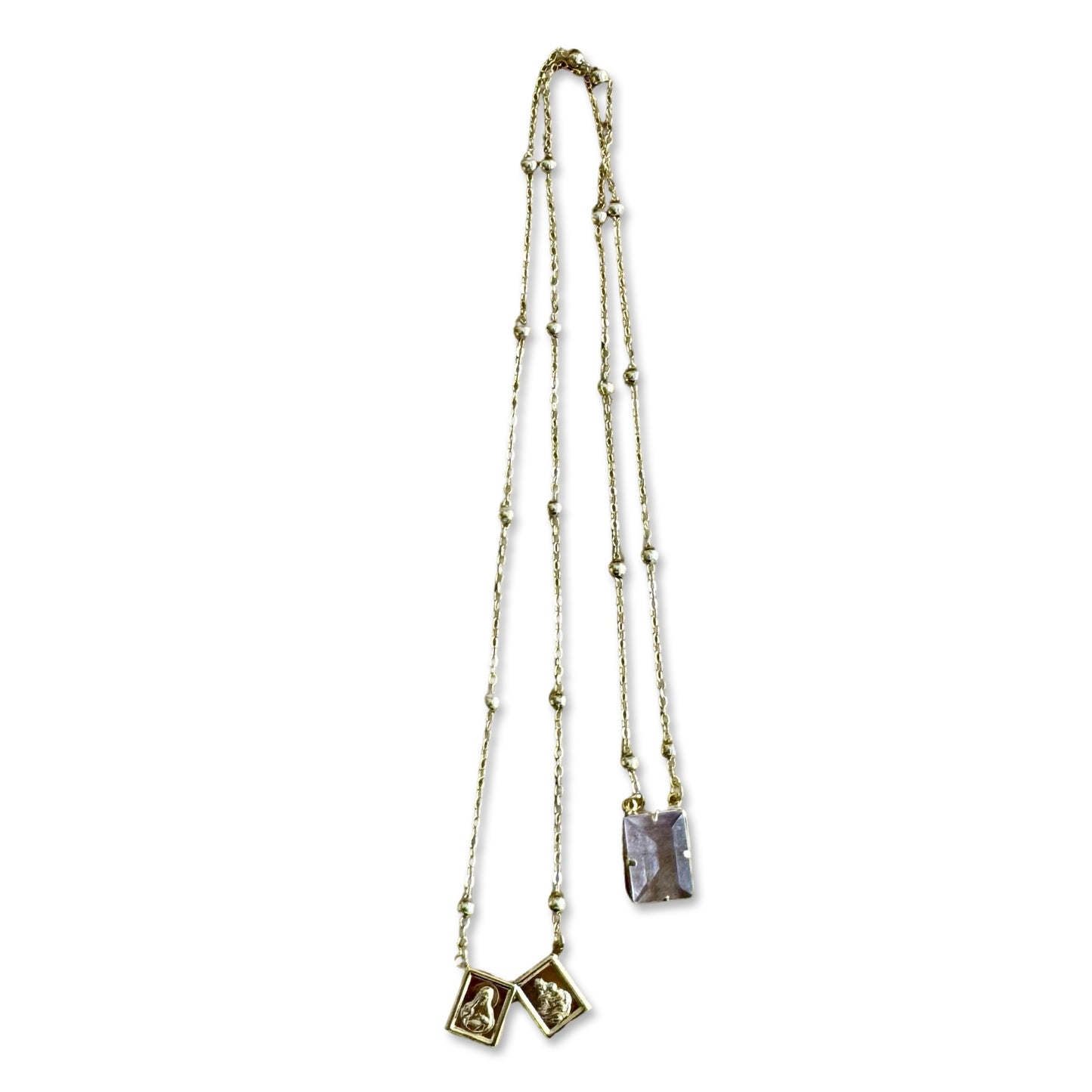 Gold Scapular Necklace with Purple Crystal Accent