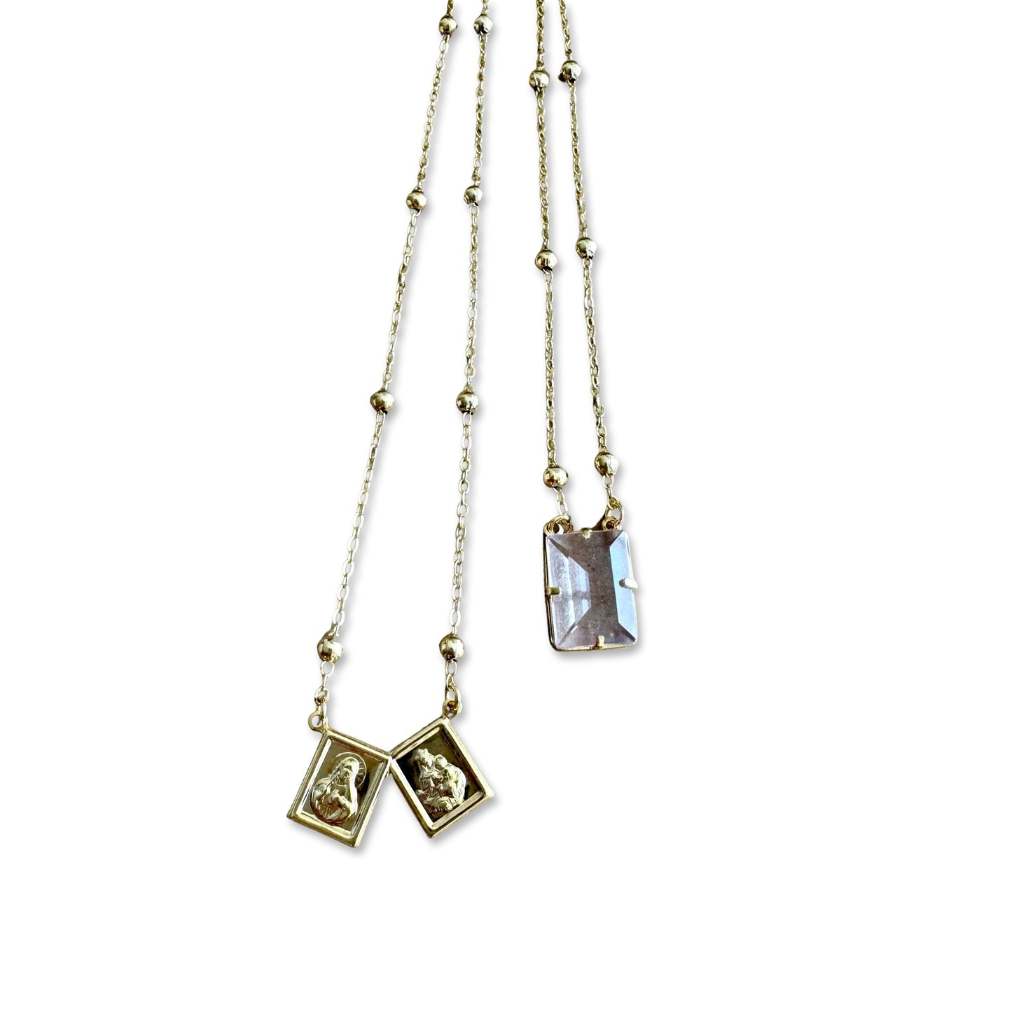 Gold Scapular Necklace with Purple Crystal Accent