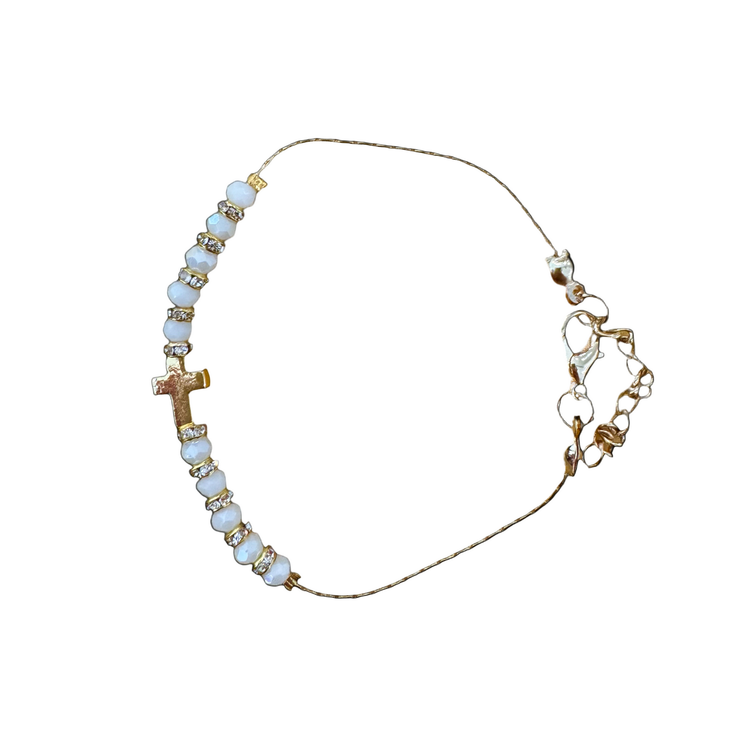 Gold Cross Rondelle Pearl and Crystal Bracelet