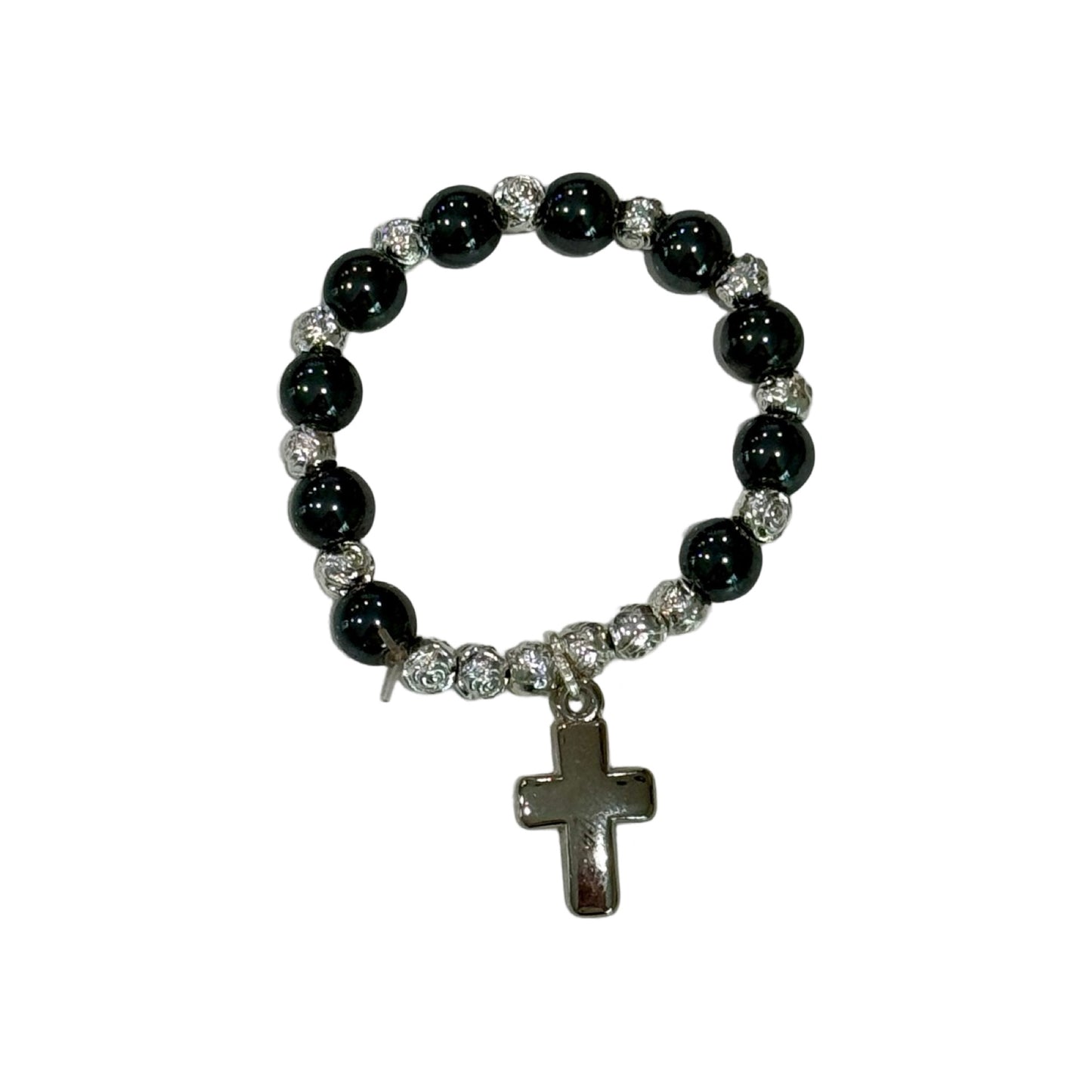 Lourdes Rosary Ring with Silver Cross and Rose Accents