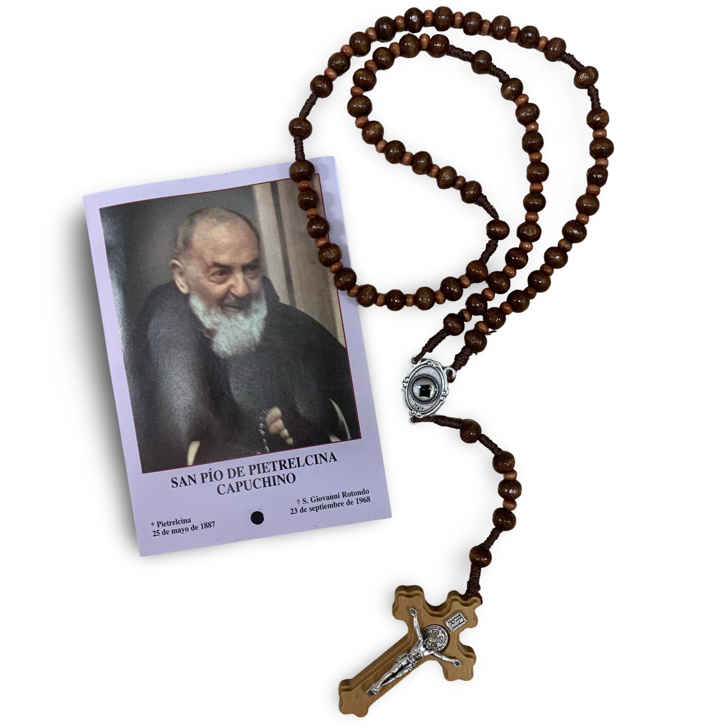 Embellished Padre Pio Wooden Rosary with Relic