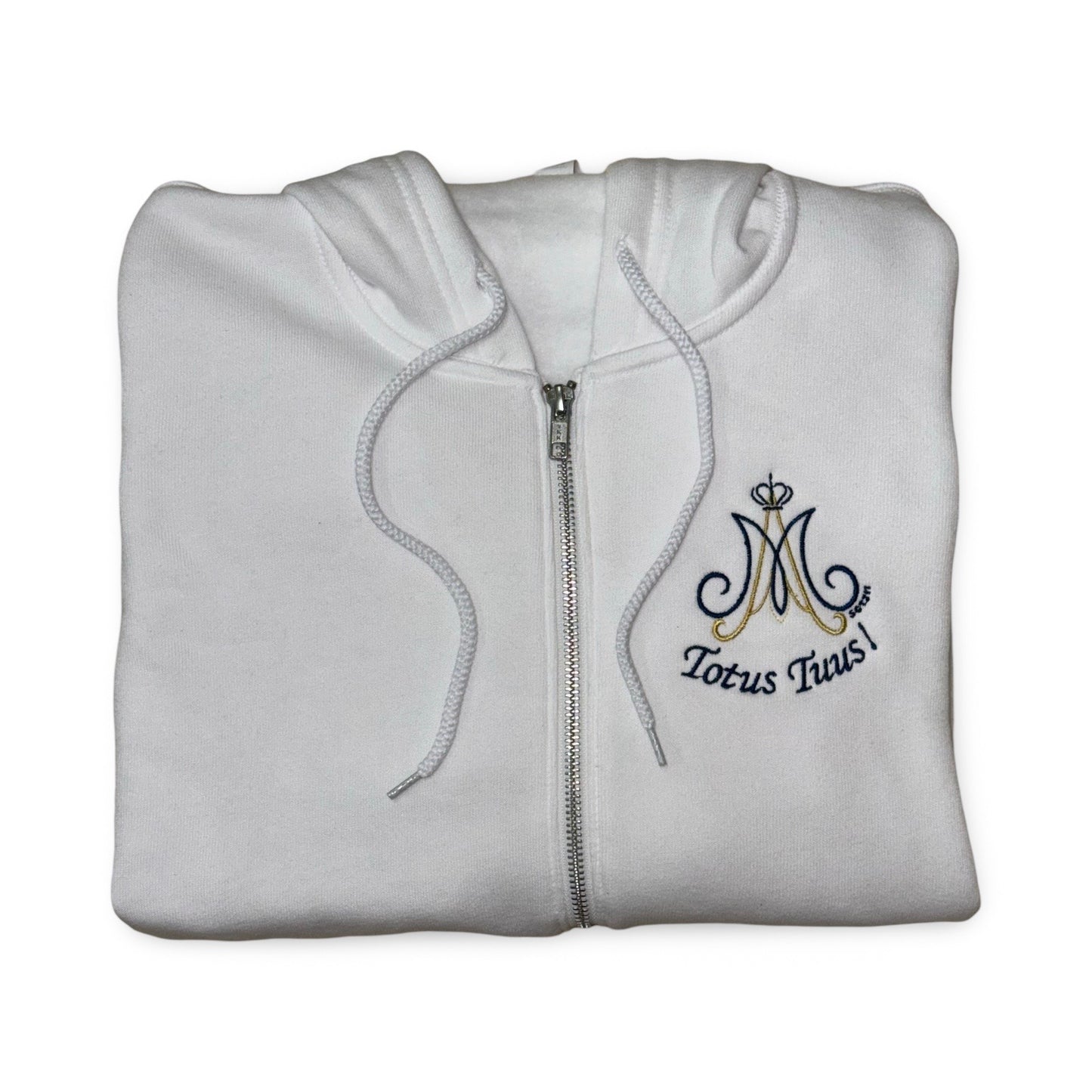 Marian Totus Tuus “M” Embroidered Zip-up Sweater by SCTJM