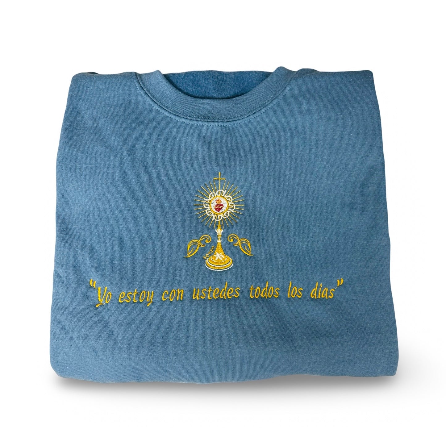 "Yo estoy con ustedes todos los días" Embroidered Crewneck Sweater by SCTJM