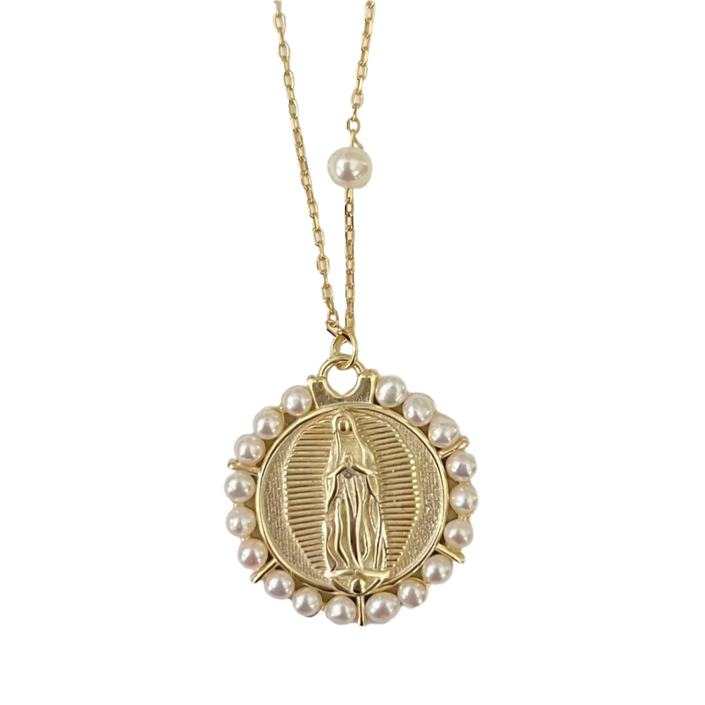 Gold Plated Our Lady of Guadalupe Necklace with Pearl Border